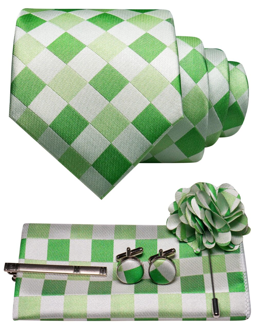 7390 Green Plaid Tie and Lapel Pin Necktie Pocket Square Cufflinks and Tie